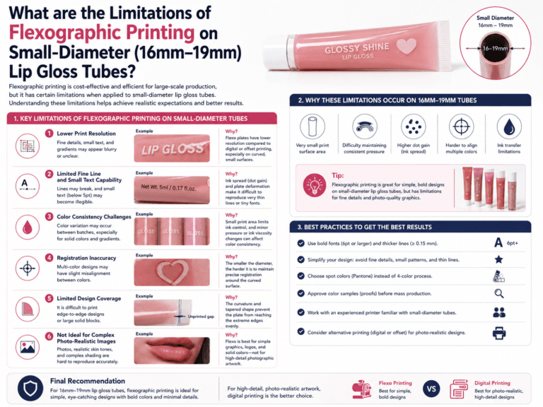 What are the limitations of flexographic printing on small-diameter (16mm-19mm) lip gloss tubes
