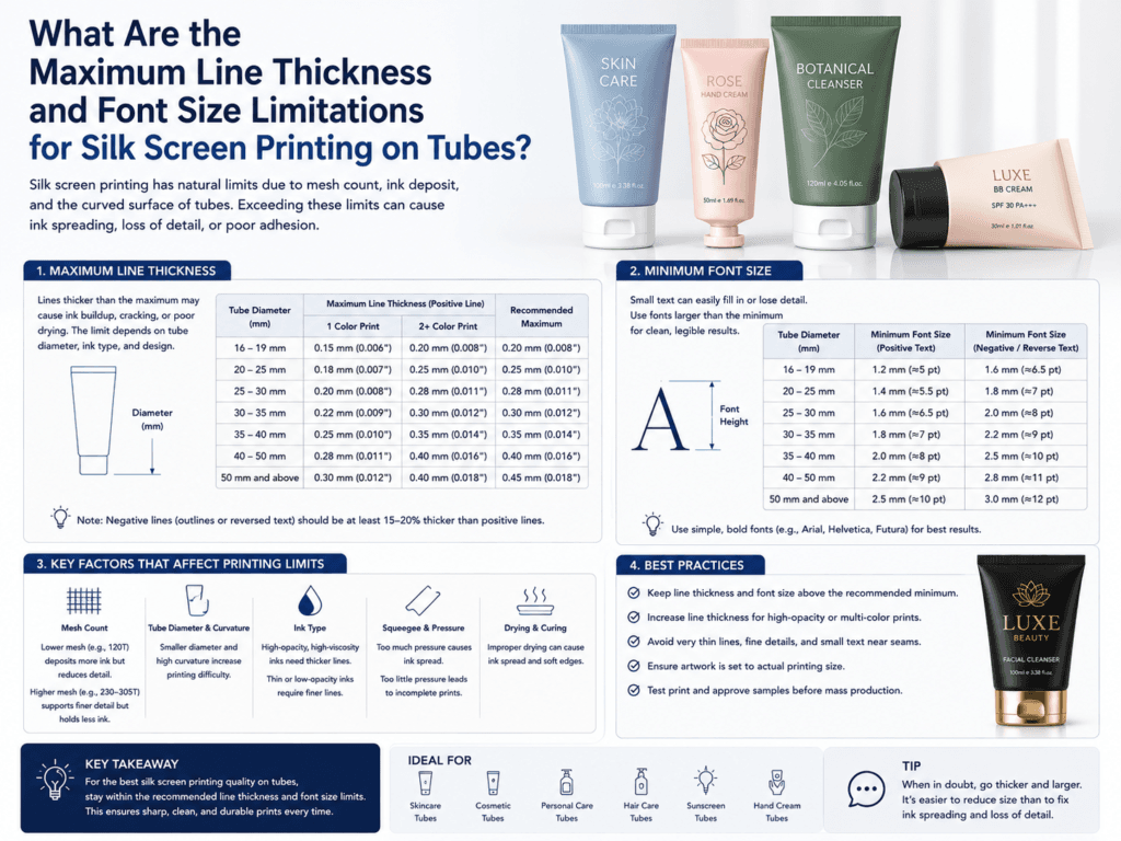 What are the maximum line thickness and font size limitations for silk screen printing on tubes? 1 What are the maximum line thickness and font size limitations for silk screen printing on tubes