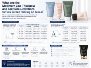 What are the maximum line thickness and font size limitations for silk screen printing on tubes