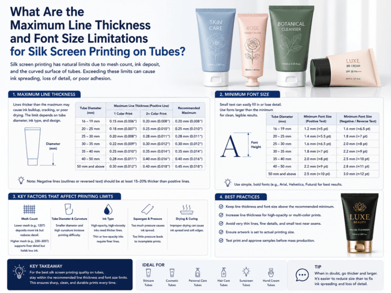 What are the maximum line thickness and font size limitations for silk screen printing on tubes? 3 What are the maximum line thickness and font size limitations for silk screen printing on tubes
