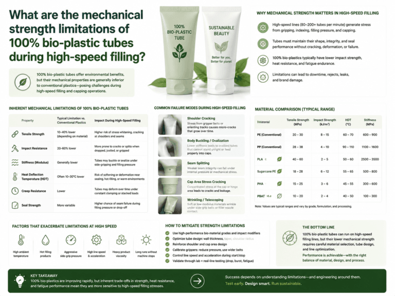 What are the mechanical strength limitations of 100% bio-plastic tubes during high-speed filling