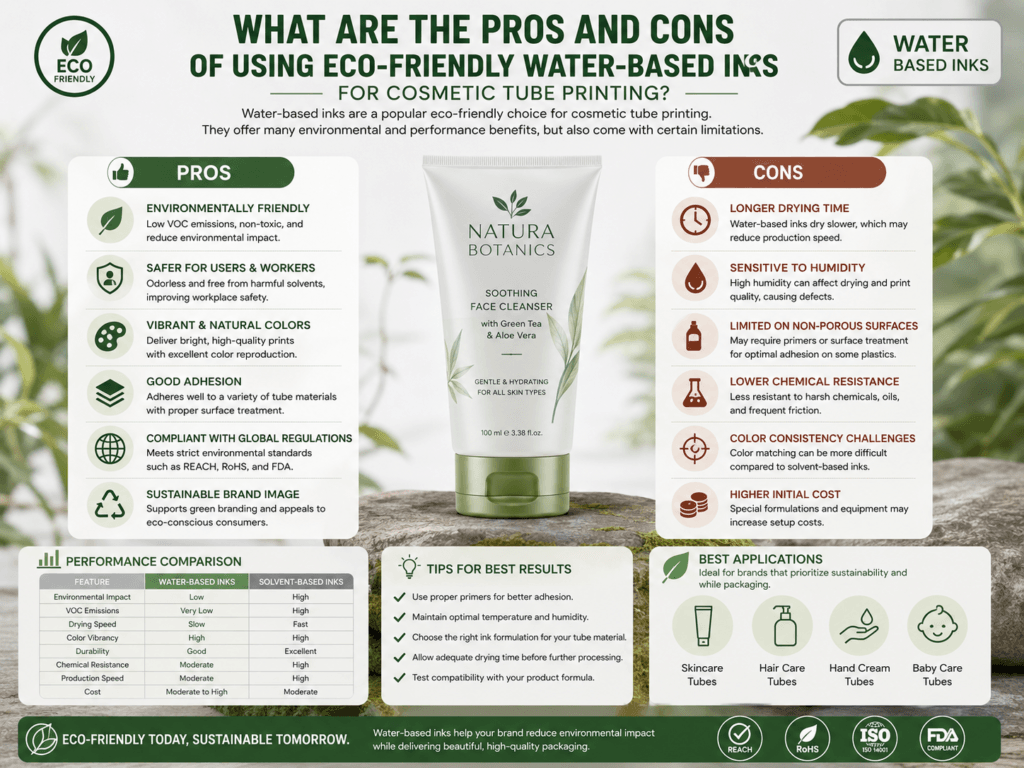 What are the pros and cons of using eco-friendly water-based inks for cosmetic tube printing? 1 What are the pros and cons of using eco-friendly water-based inks for cosmetic tube printing