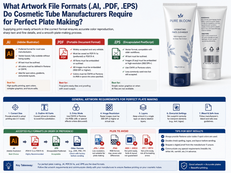 What artwork file formats (.AI, .PDF, .EPS) do cosmetic tube manufacturers require for perfect plate making? 3 What artwork file formats (.AI, .PDF, .EPS) do cosmetic tube manufacturers require for perfect plate making?