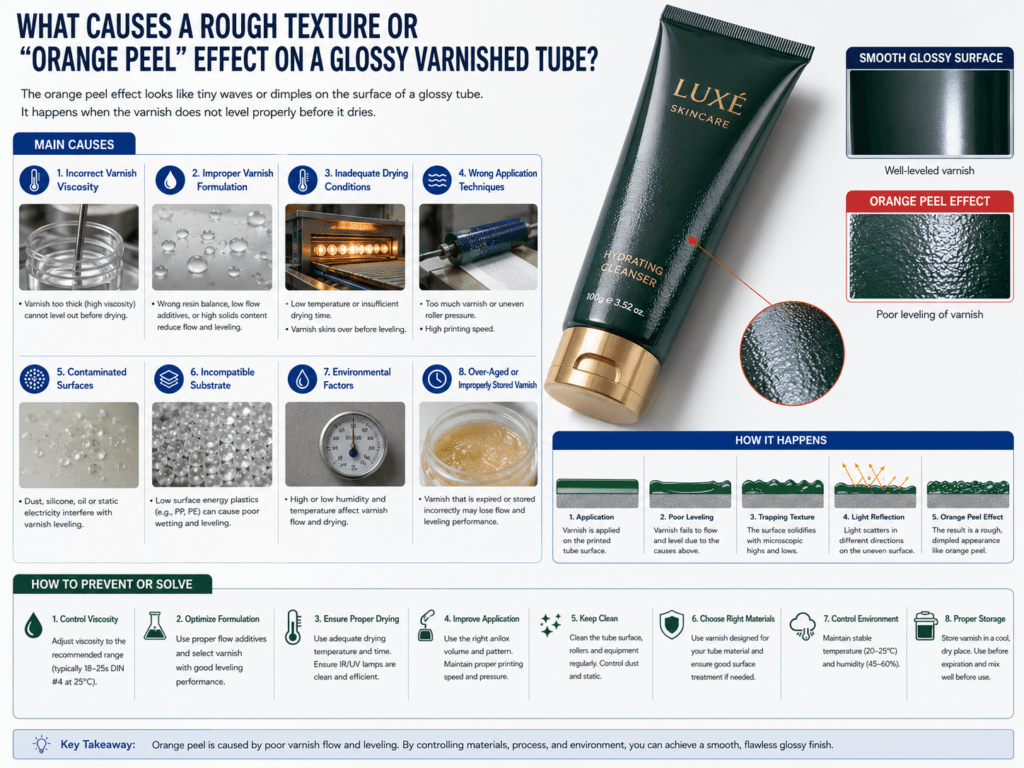 What causes a rough texture or "orange peel" effect on a glossy varnished tube? 1 What causes a rough texture or orange peel effect on a glossy varnished tube