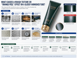 What causes a rough texture or orange peel effect on a glossy varnished tube