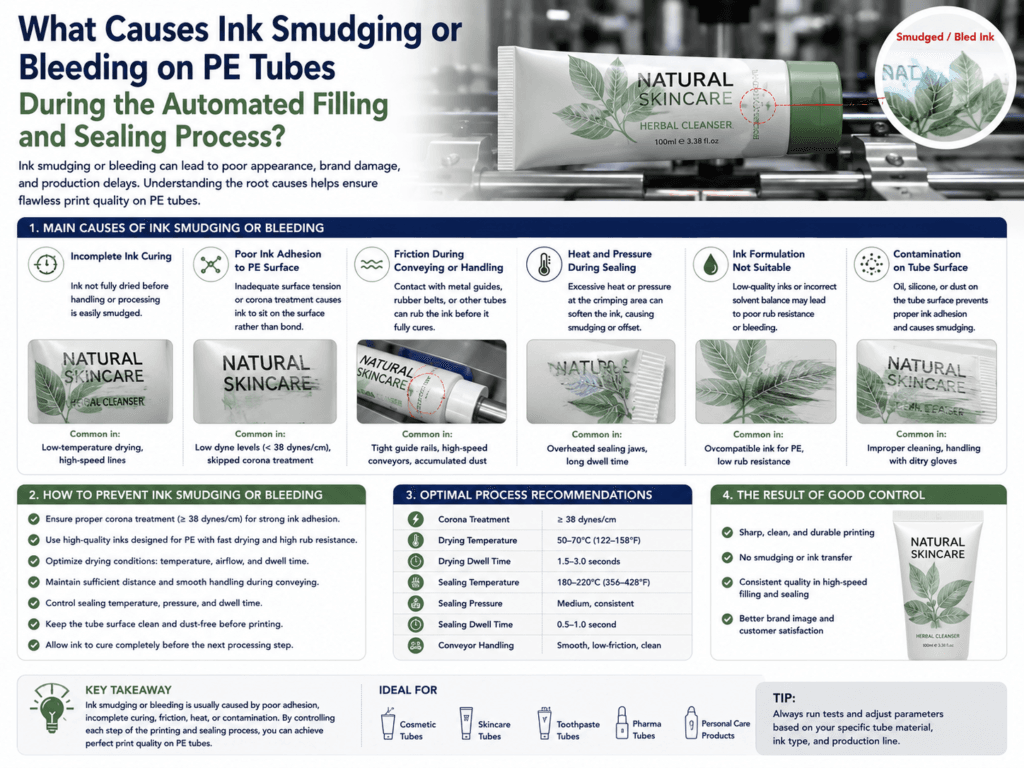 What causes ink smudging or bleeding on PE tubes during the automated filling and sealing process? 1 What causes ink smudging or bleeding on PE tubes during the automated filling and sealing process?
