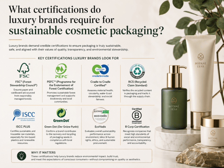 What certifications do luxury brands require for sustainable cosmetic packaging?