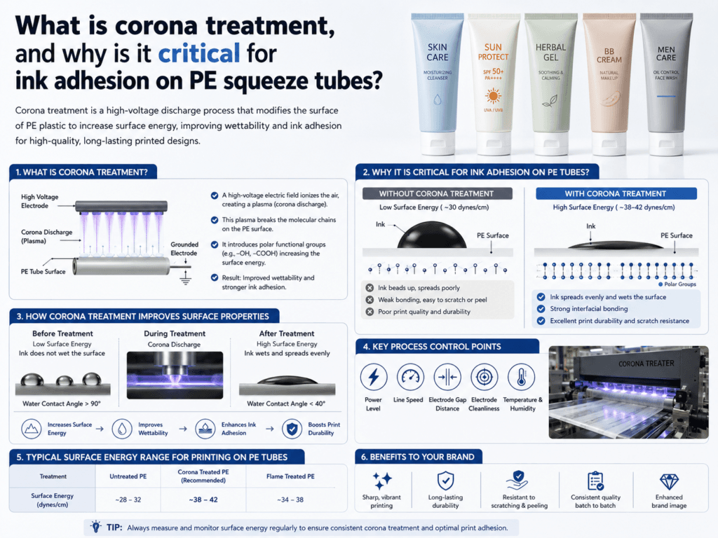 What is corona treatment, and why is it critical for ink adhesion on PE squeeze tubes?