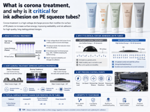 What is corona treatment, and why is it critical for ink adhesion on PE squeeze tubes?