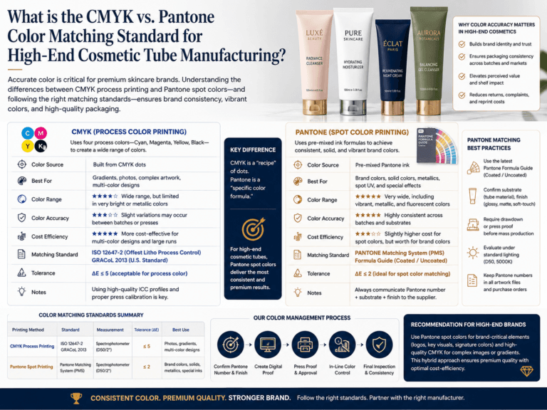 What is the CMYK vs. Pantone color matching standard for high-end cosmetic tube manufacturing
