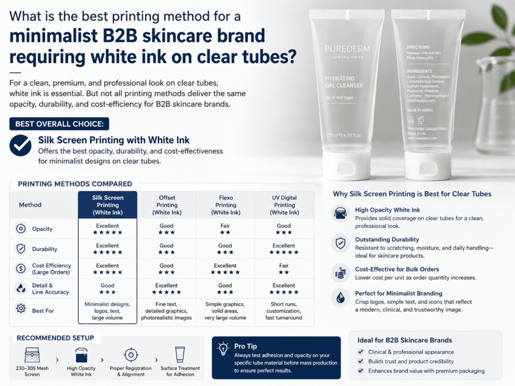 What is the best printing method for a minimalist B2B skincare brand requiring white ink on clear tubes? 1 What is the best printing method for a minimalist B2B skincare brand requiring white ink on clear tubes