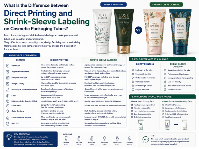 What is the difference between direct printing and labeling on cosmetic packaging tubes? 1 What is the difference between direct printing and shrink-sleeve labeling on cosmetic packaging tubes?