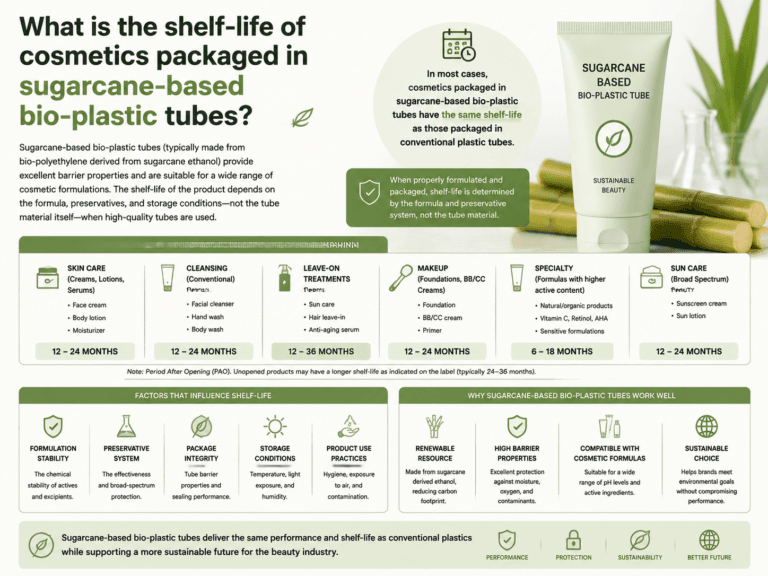 What is the shelf-life of cosmetics packaged in sugarcane-based bio-plastic tubes
