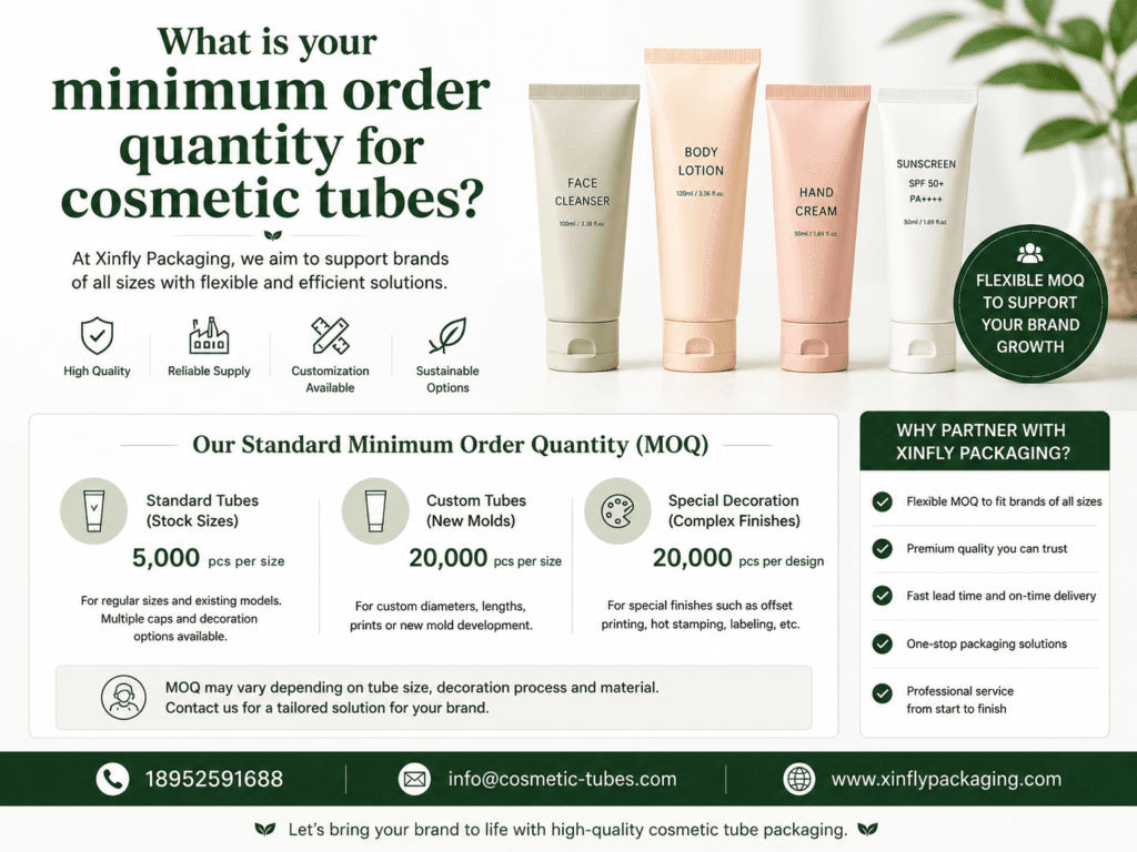 What is your minimum order quantity for cosmetic tubes? 5 What is your minimum order quantity for cosmetic tubes