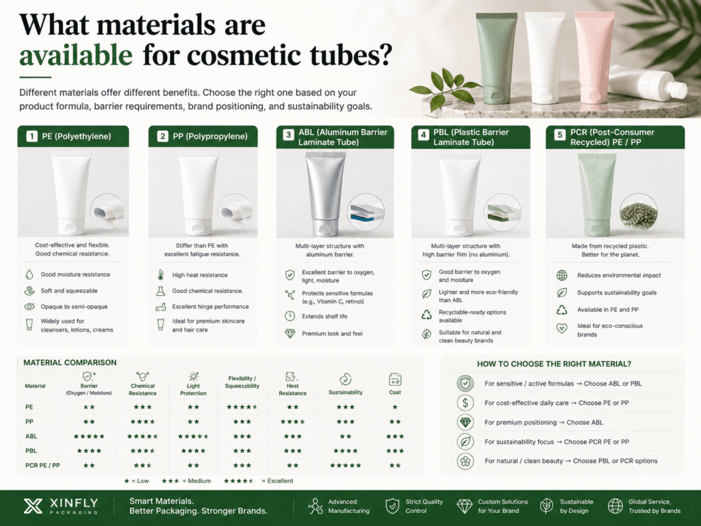 What materials are available for cosmetic tubes? 1 What materials are available for cosmetic tubes
