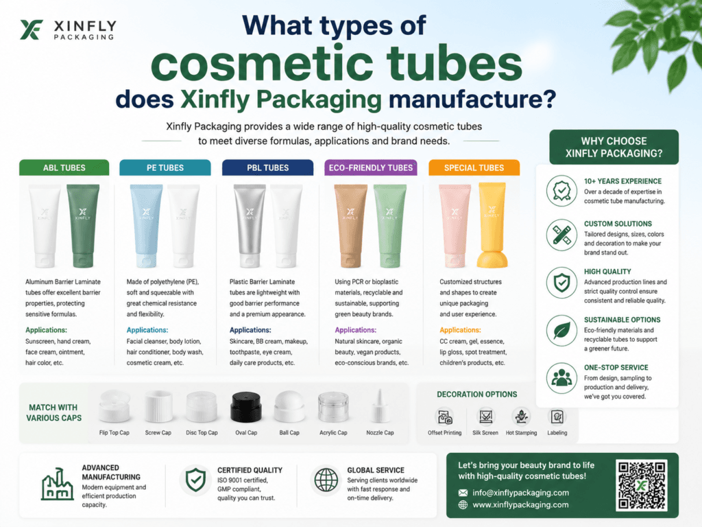 What types of cosmetic tubes does Xinfly Packaging manufacture