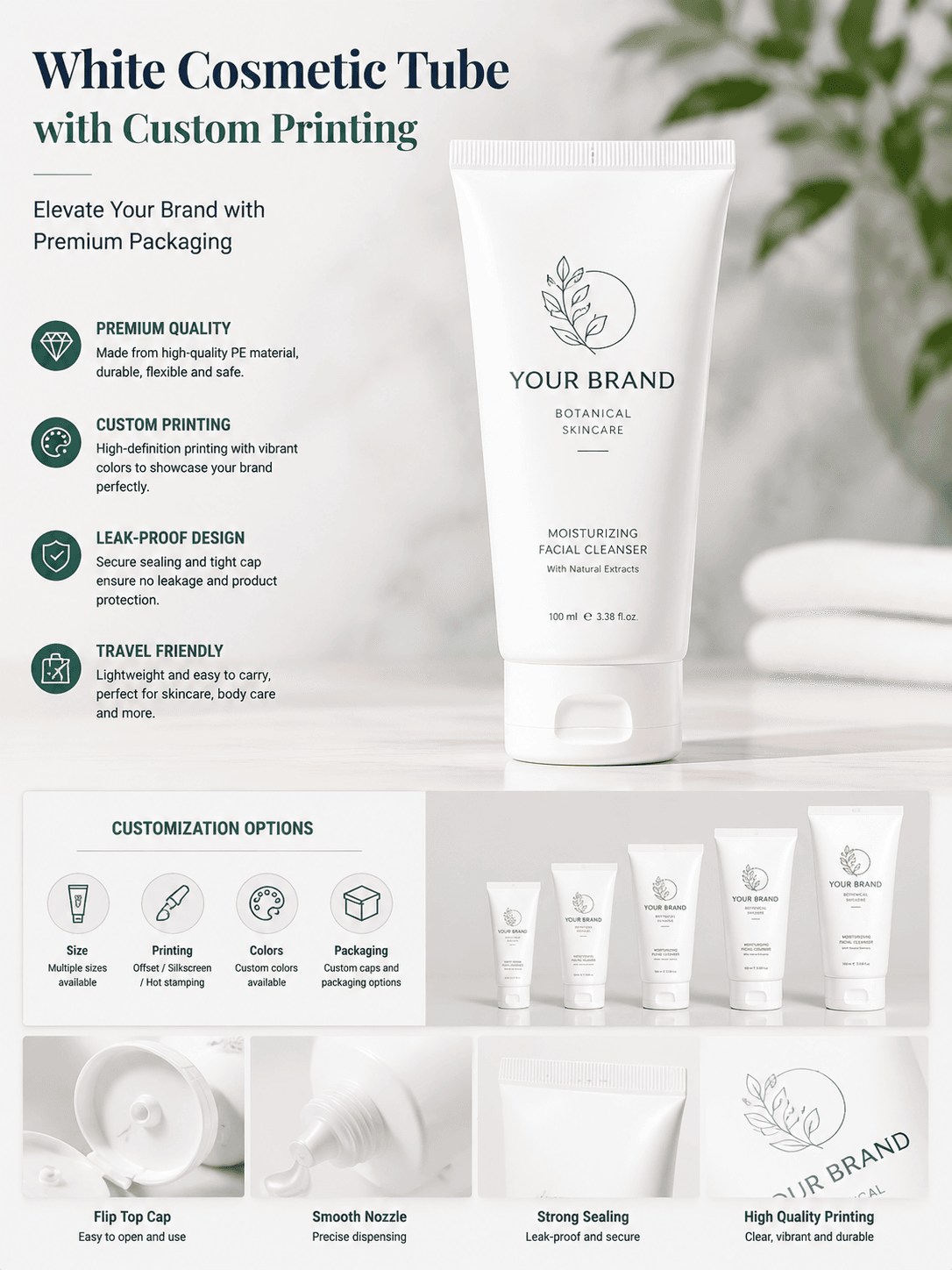 White Cosmetic Tube with Custom Printing 1 White cosmetic tube with custom printing for skincare and beauty packaging