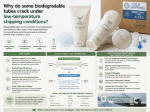 Why do some biodegradable tubes crack under low-temperature shipping conditions