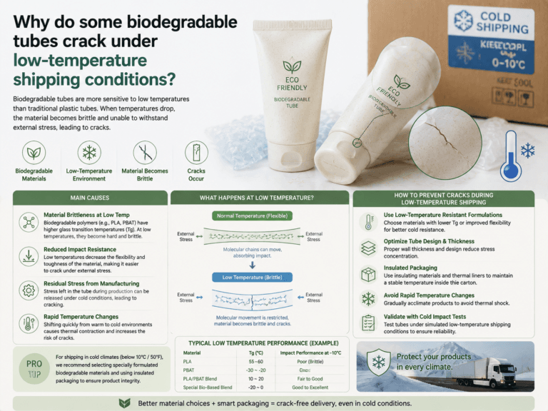 Why do some biodegradable tubes crack under low-temperature shipping conditions