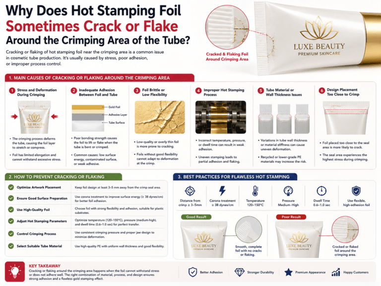 Why does hot stamping foil sometimes crack or flake around the crimping area of the tube? 10 Why does hot stamping foil sometimes crack or flake around the crimping area of the tube