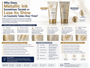 Why does metallic ink sometimes tarnish or lose its shine on cosmetic tubes over time?