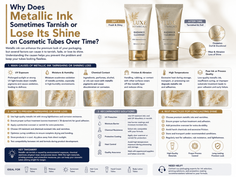Why does metallic ink sometimes tarnish or lose its shine on cosmetic tubes over time? 4 Why does metallic ink sometimes tarnish or lose its shine on cosmetic tubes over time?