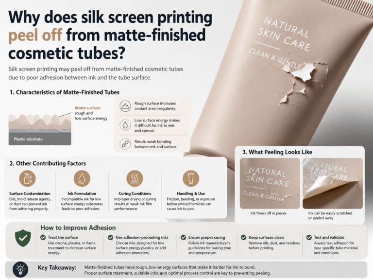 Why does silk screen printing peel off from matte-finished cosmetic tubes?