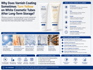 Why does varnish coating sometimes turn yellow on white cosmetic tubes after long-term storage