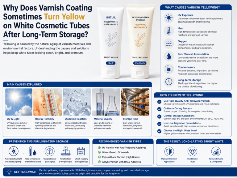 Why does varnish coating sometimes turn yellow on white cosmetic tubes after long-term storage