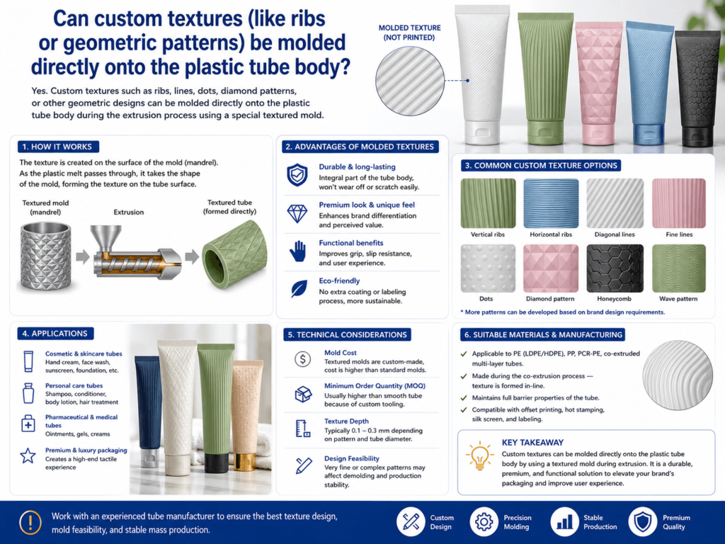 Can custom textures (like ribs or geometric patterns) be molded directly onto the plastic tube body? 1 Can custom textures (like ribs or geometric patterns) be molded directly onto the plastic tube body?