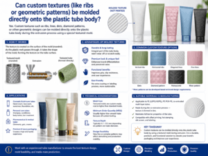 Can custom textures (like ribs or geometric patterns) be molded directly onto the plastic tube body?