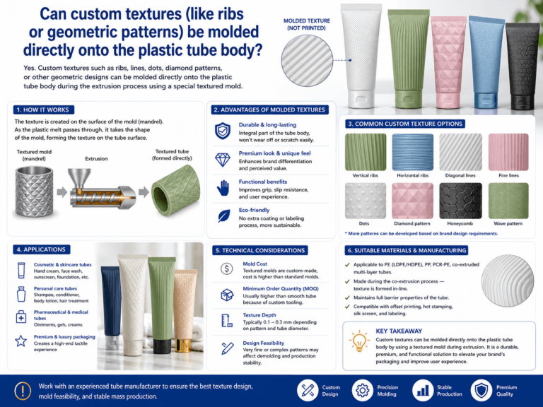 Can custom textures (like ribs or geometric patterns) be molded directly onto the plastic tube body? 1 Can custom textures (like ribs or geometric patterns) be molded directly onto the plastic tube body?