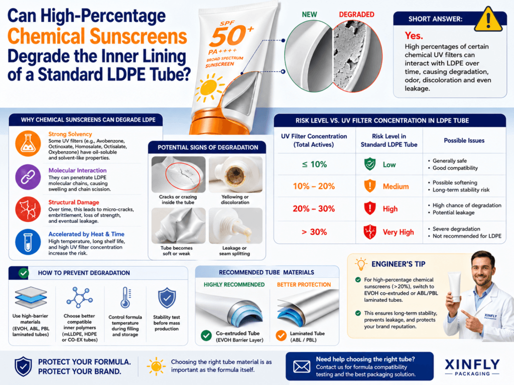 Can high-percentage chemical sunscreens degrade the inner lining of a standard LDPE tube? 1 Can high-percentage chemical sunscreens degrade the inner lining of a standard LDPE tube