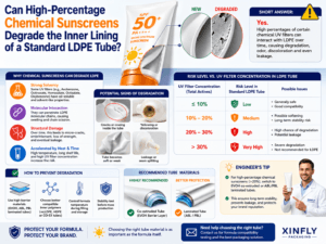 Can high-percentage chemical sunscreens degrade the inner lining of a standard LDPE tube