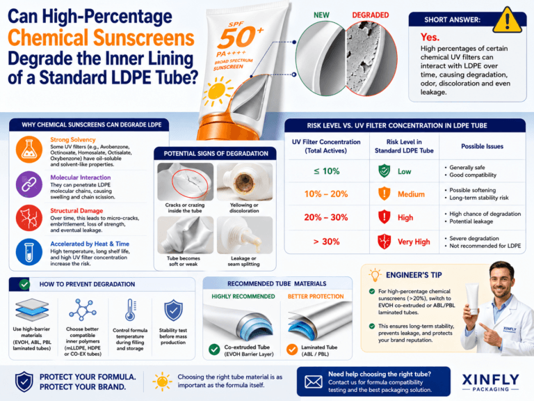 Can high-percentage chemical sunscreens degrade the inner lining of a standard LDPE tube? 5 Can high-percentage chemical sunscreens degrade the inner lining of a standard LDPE tube