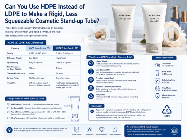 Can you use HDPE instead of LDPE to make a rigid, less squeezable cosmetic stand-up tube?