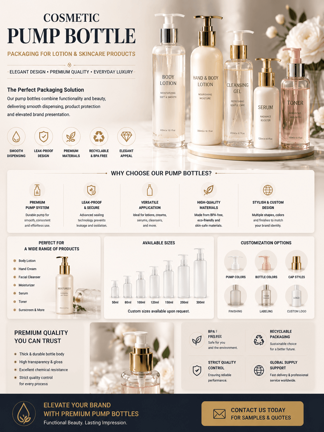 Cosmetic pump bottle packaging for lotion and skincare products