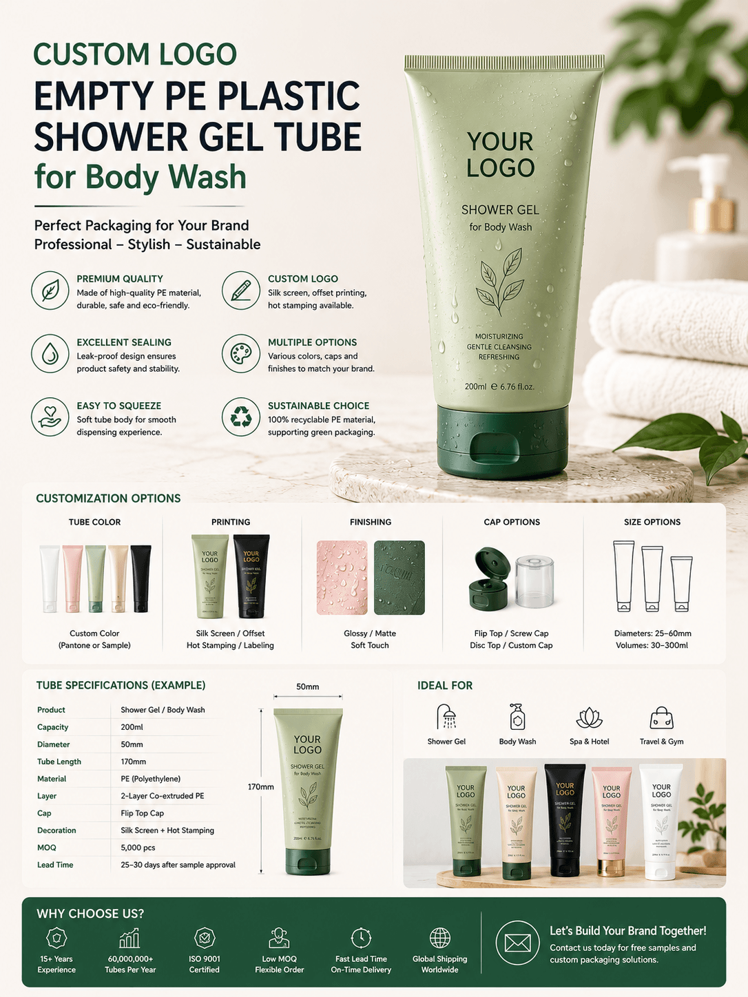 Custom Logo Empty PE Plastic Shower Gel Cosmetic Tube for Body Wash