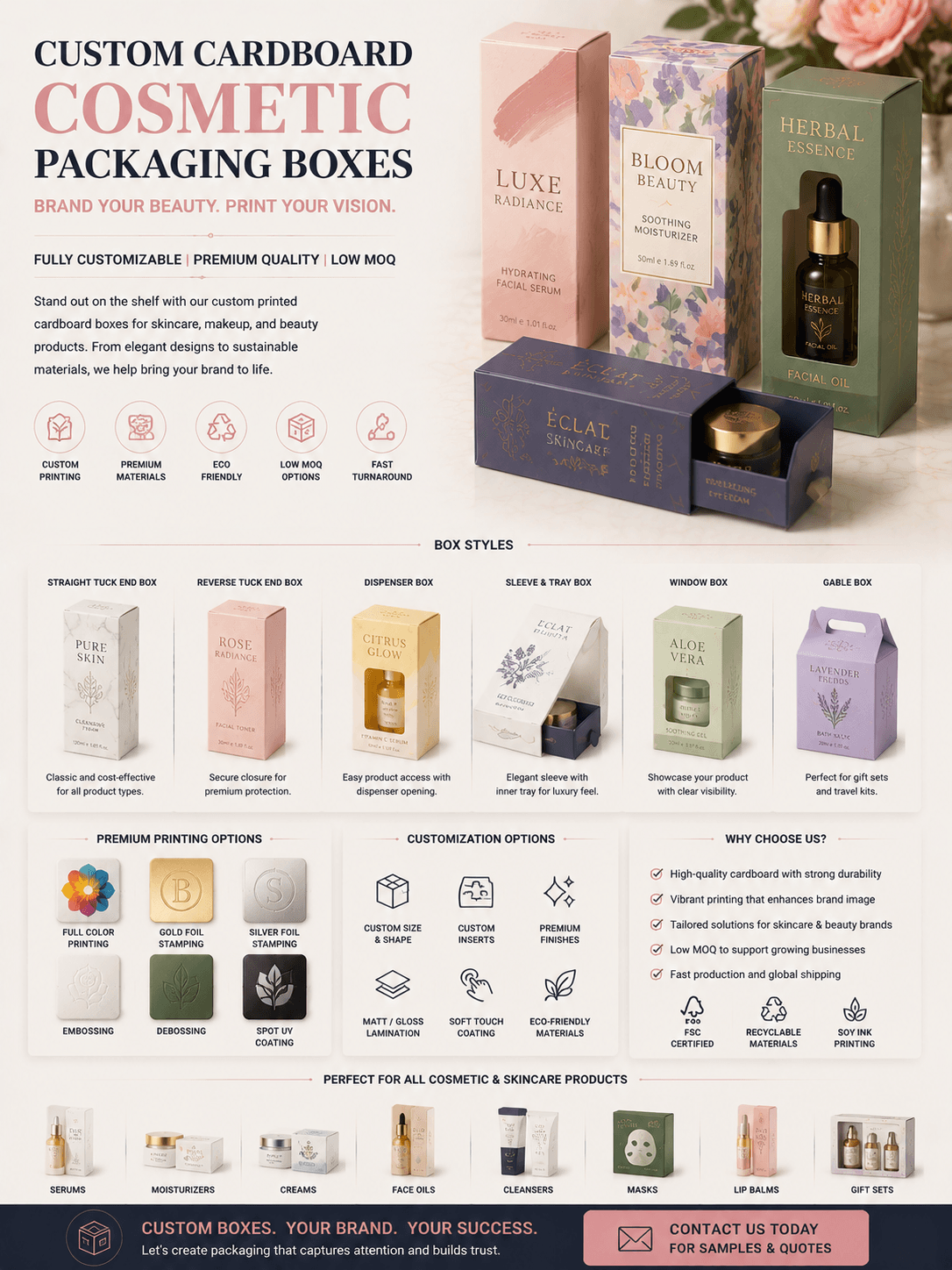 Custom cardboard cosmetic packaging boxes with printing