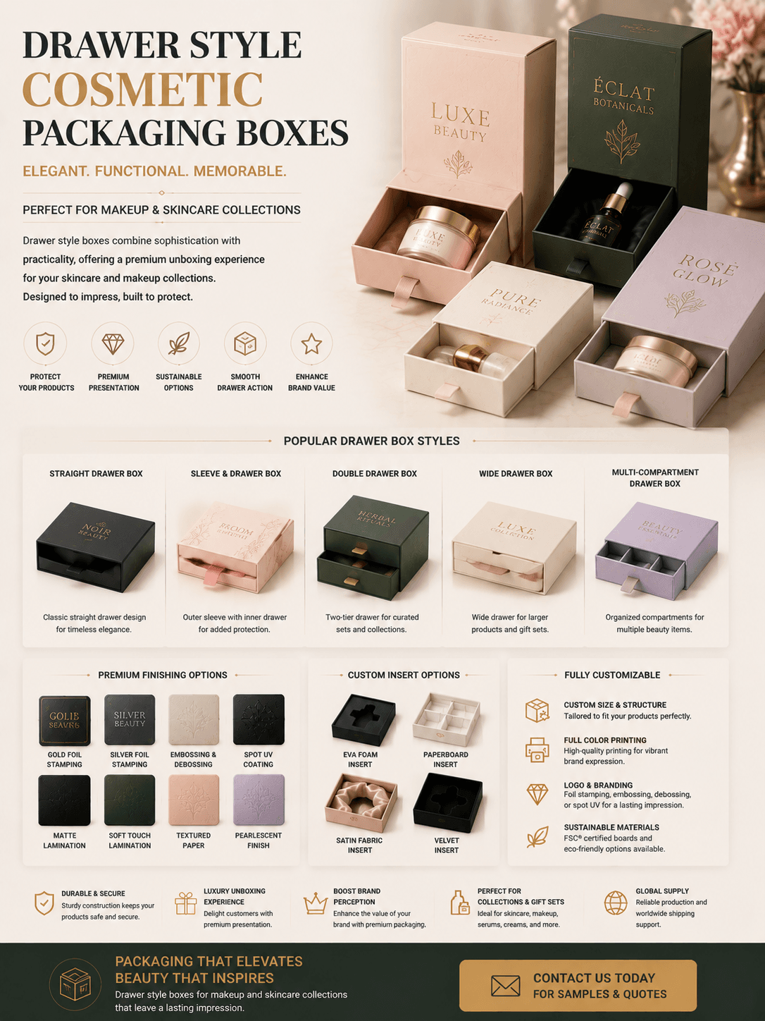 Drawer style cosmetic packaging boxes for makeup and skincare collections