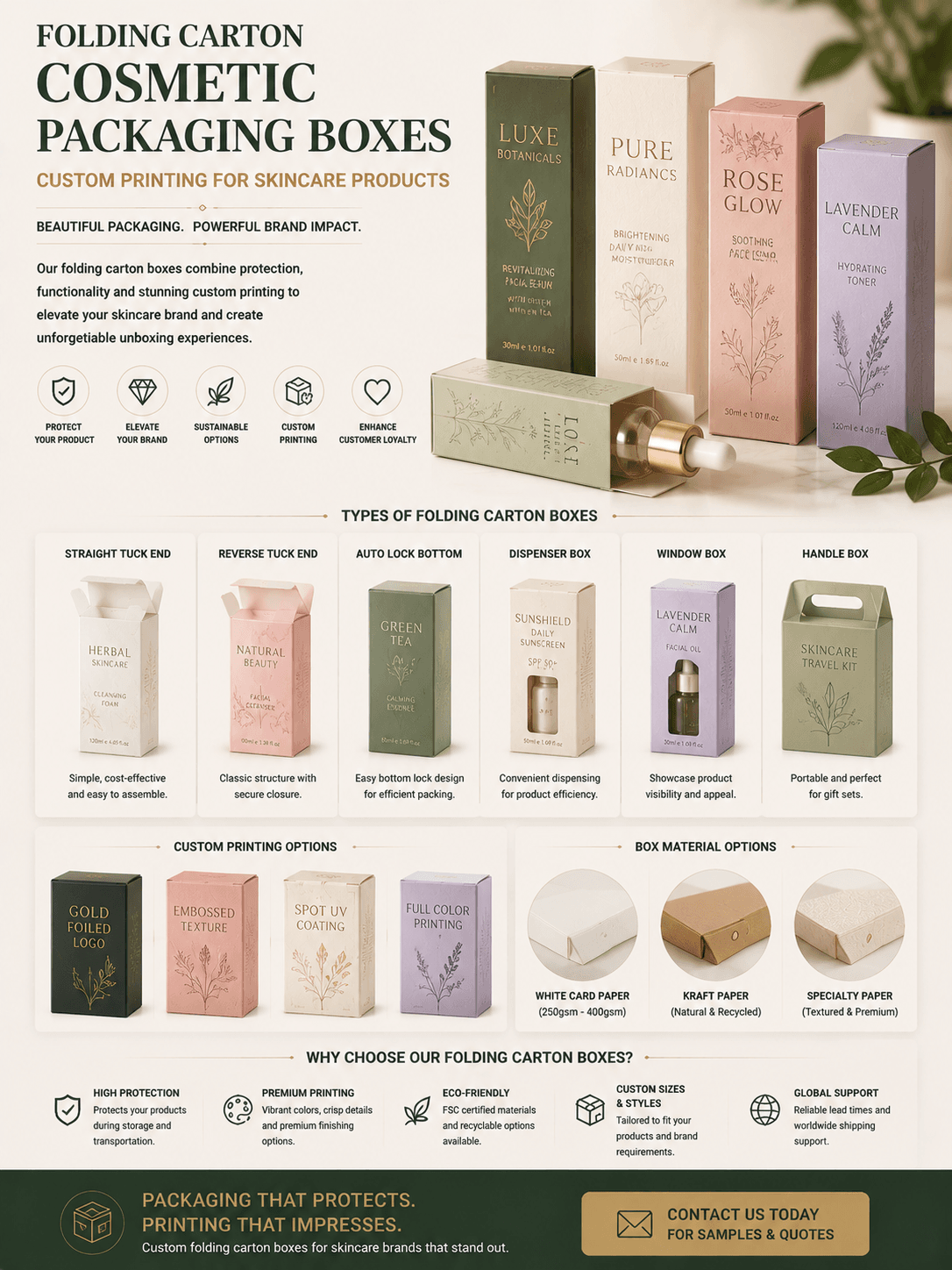 Folding carton cosmetic packaging boxes with custom printing for skincare products