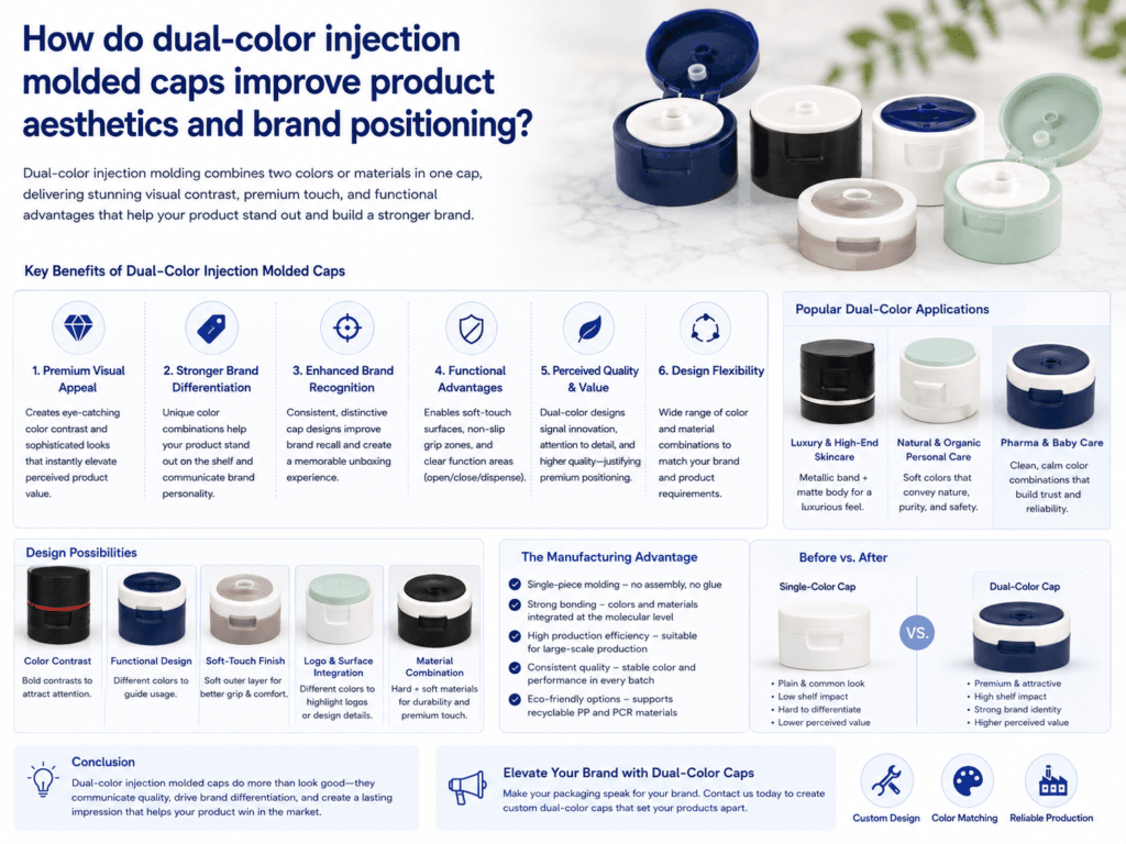 How do dual-color injection molded caps improve product aesthetics and brand positioning? 1 How do dual-color injection molded caps improve product aesthetics and brand positioning?