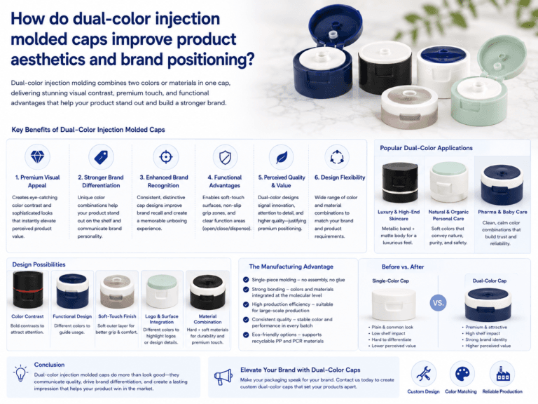 How do dual-color injection molded caps improve product aesthetics and brand positioning? 7 How do dual-color injection molded caps improve product aesthetics and brand positioning?