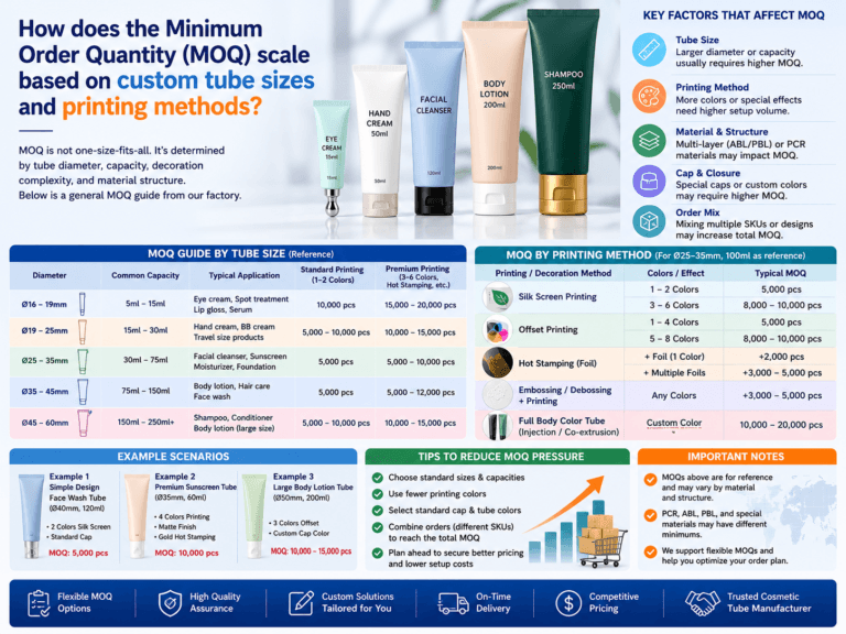 How does the minimum order quantity (MOQ) scale based on custom tube sizes and printing methods? 5 How does the minimum order quantity (MOQ) scale based on custom tube sizes and printing methods?