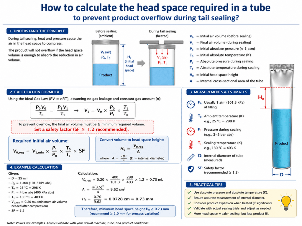 How to calculate the head space required in a tube to prevent product overflow during tail sealing? 1 How to calculate the head space required in a tube to prevent product overflow during tail sealing?