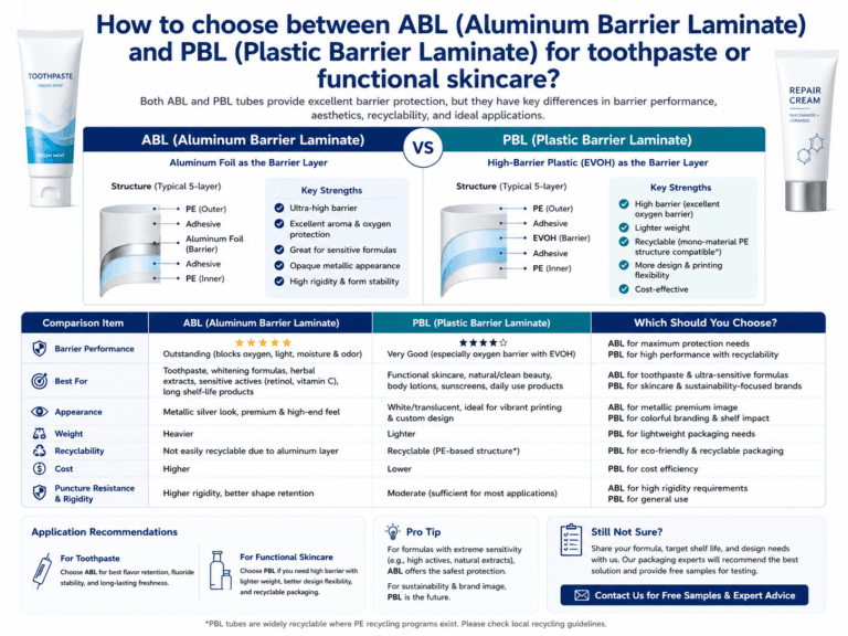 How to choose between ABL (Aluminum Barrier Laminate) and PBL (Plastic Barrier Laminate) for toothpaste or functional skincare? 6 How to choose between ABL (Aluminum Barrier Laminate) and PBL (Plastic Barrier Laminate) for toothpaste or functional skincare