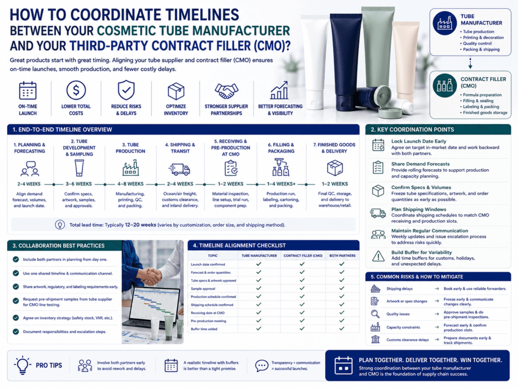 How to coordinate timelines between your cosmetic tube manufacturer and your third-party contract filler (CMO)? 1 How to coordinate timelines between your cosmetic tube manufacturer and your third-party contract filler (CMO)