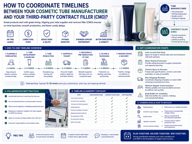 How to coordinate timelines between your cosmetic tube manufacturer and your third-party contract filler (CMO)? 5 How to coordinate timelines between your cosmetic tube manufacturer and your third-party contract filler (CMO)