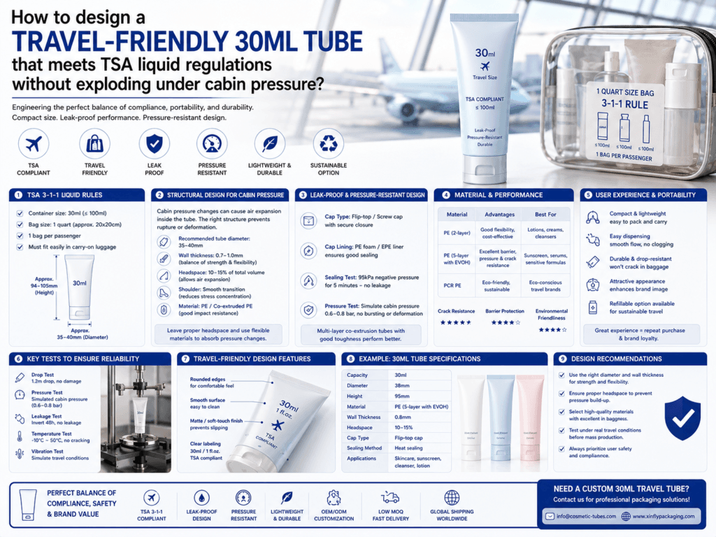 How to design a travel-friendly 30ml tube that meets TSA liquid regulations without exploding under cabin pressure? 1 How to design a travel-friendly 30ml tube that meets TSA liquid regulations without exploding under cabin pressure