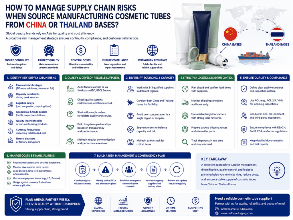 How to manage supply chain risks when source manufacturing cosmetic tubes from China or Thailand bases? 1 How to manage supply chain risks when source manufacturing cosmetic tubes from China or Thailand bases?
